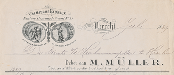 711797 Kop van een nota van M. Müller, Chemische Fabriek, Kantoor: Bemuurde Weerd 17; [Fabriek: Gruttersdijk 22] te ...